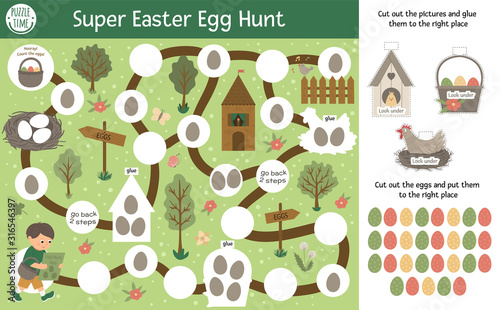 Easter adventure egg hunt board game for children with cute characters and traditional symbols. Educational spring holiday boardgame. Super fun activity with cut and glue elements..