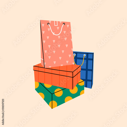 Various shoe boxes with Colorful paper Shopping or gift bags. Sacks for purchases, presents. Hand drawn vector illustration. Shopping, sale concept