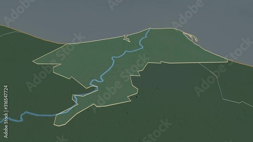 Dumyat, governorate with its capital, zoomed and extruded on the relief map of Egypt in the conformal Stereographic projection. Animation 3D photo