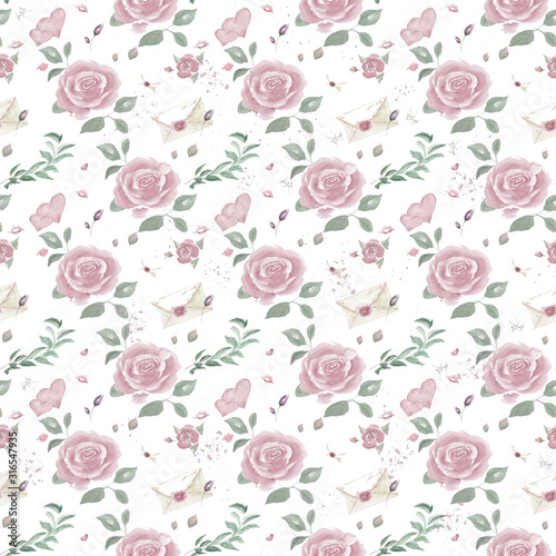 Watercolor retro pattern with roses, hearts, kisses and envelopes