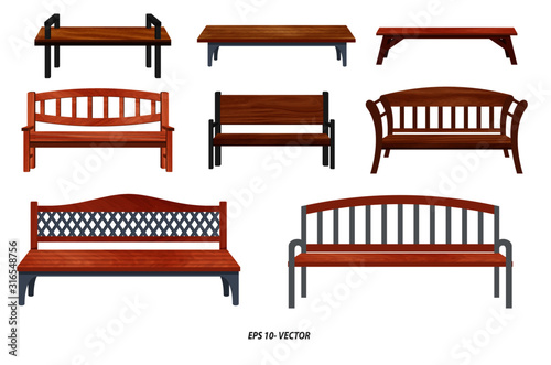 set of realistic bench wood garden or street bench seat or bench cartoon Poster Mural XXL