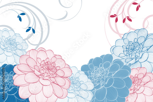 Floral pattern with flowers dahlia and abstract leaves.