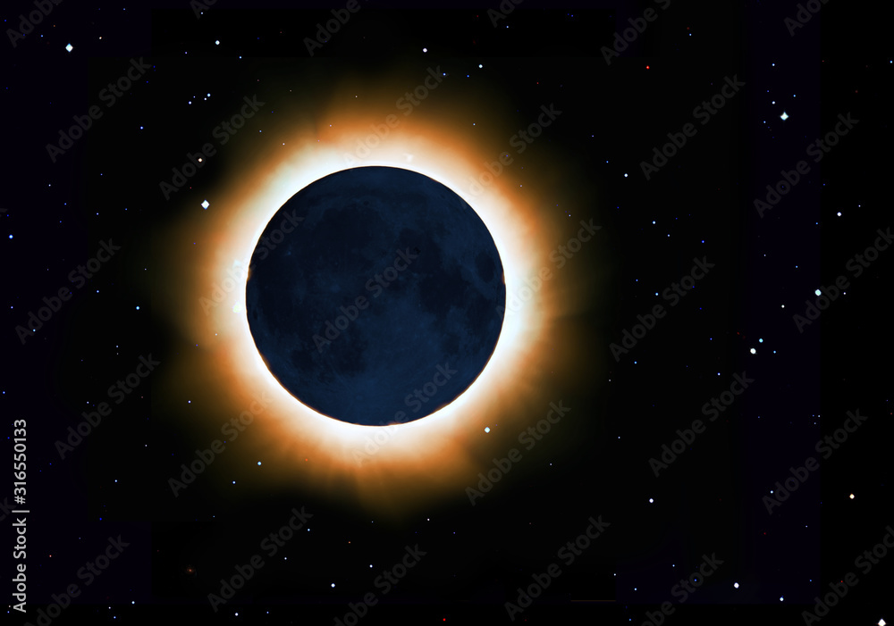 Fototapeta premium Solar corona full eclipse over starry sky, visible moon
