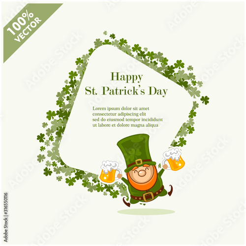 Vector Saint Patrick’s Day layout frame border with cartoon leprechaun, shamrock isolated on white background. Irish holiday themed banner or invitation with place for text. Cute funny spring card