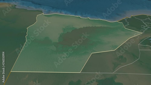 Matrouh, governorate with its capital, zoomed and extruded on the relief map of Egypt in the conformal Stereographic projection. Animation 3D photo