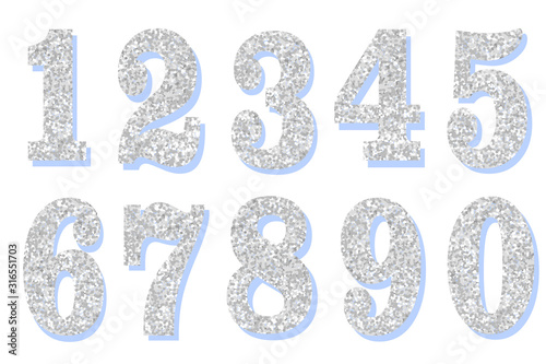 Glitter 3d silver numbers 20 30 40 50 60. Isolated 0 1 2 3 4 5 6 7 8 9 10 on white background for decoration of cute wedding, anniversary, baby little princess party, label, headline, poster, sticker.