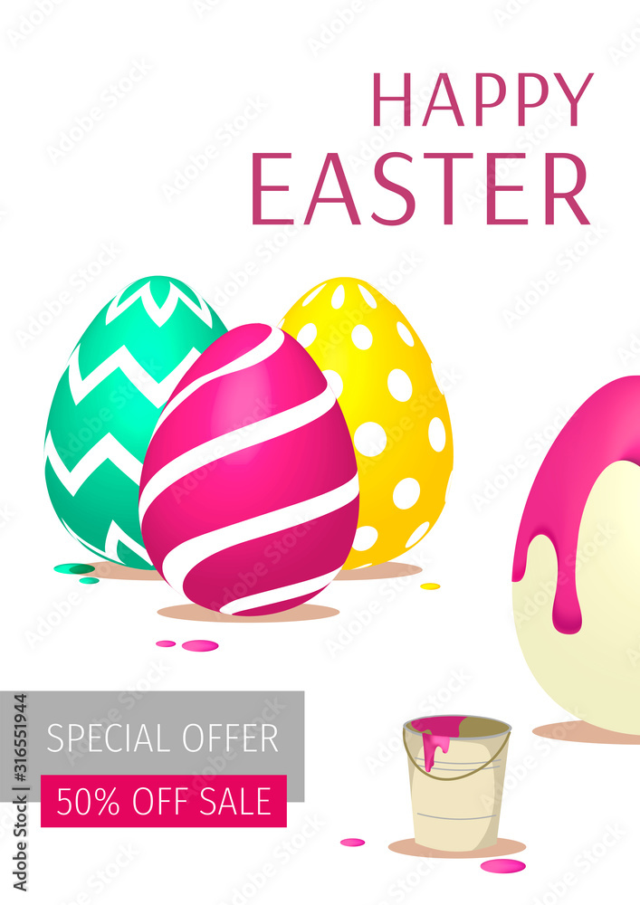 Happy Easter card with decorated eggs and paint bucket. Happy Easter card with decorated eggs and paint bucket.