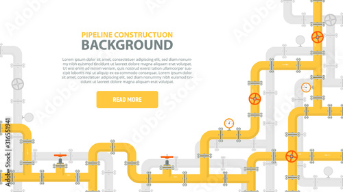 Industrial background with yellow pipeline. Oil, water or gas pipeline with fittings and valves. Web banner template. photo