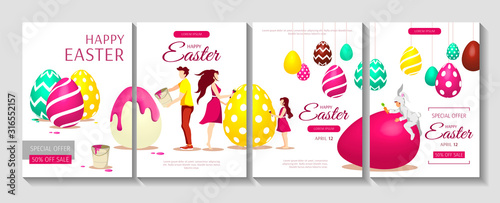 Set of Happy Easter cards with mother, father, daughter, baby in rabbit costume and decorated eggs. Vector illustration for greeting card, poster, banner, postcard.