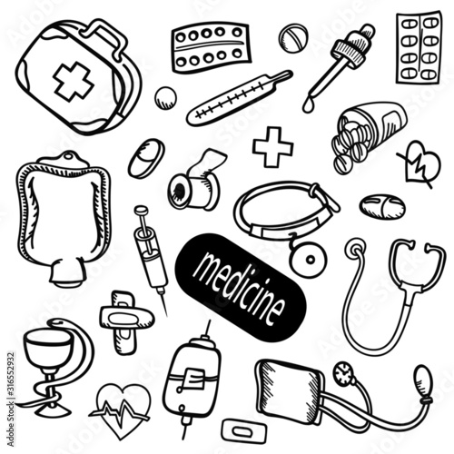 equipment tablets medicine set elements doodle monochrome graphics objects outline sketch illustration icons