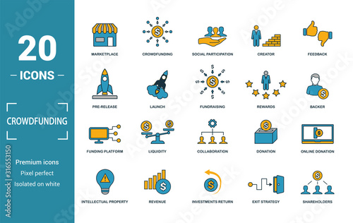 Crowdfunding icon set. Include creative elements marketplace, social participation, pre-release, rewards, funding platform icons. Can be used for report, presentation, diagram, web design