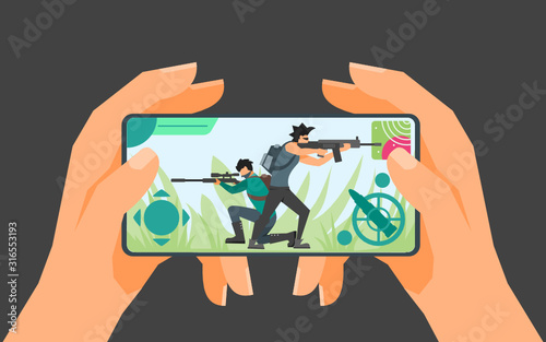 Game display on phone screen vector illustration and design. Young man playing battle royale shooting game on Smartphone. Can be used for web, mobile, and print. Suitable for infographic