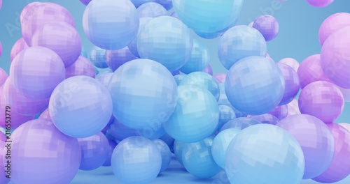 Abstract background with dynamic 3d spheres. Plastic pink blue and violet bubbles. Digital illustration of glossy balls. Bouncing particles. Modern trendy banner or poster design