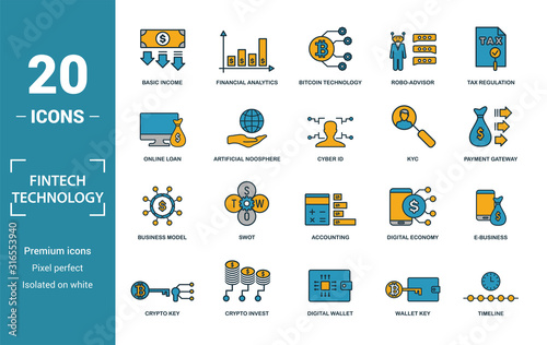 Fintech Technology icon set. Include creative elements basic income, bitcoin technology, online loan, kyc, business model icons. Can be used for report, presentation, diagram, web design