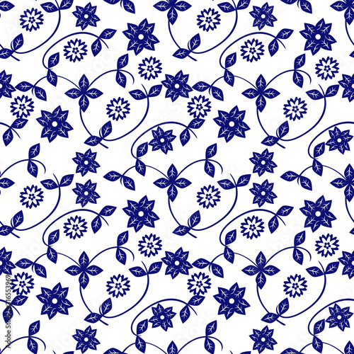 Ceramic blue and white floral pattern. Cute porcelain background design. Great for wallpaper, gifts, textile,  packaging design.