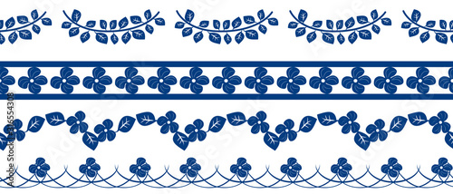 Porcelain borders set. Hand draw blue and white floral pattern background and borders. Great for wallpaper, gifts, textile, packaging design.