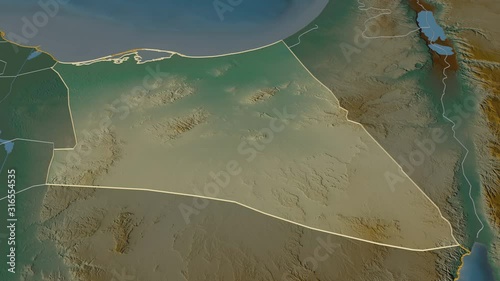 Shamal Sina', governorate with its capital, zoomed and extruded on the relief map of Egypt in the conformal Stereographic projection. Animation 3D photo