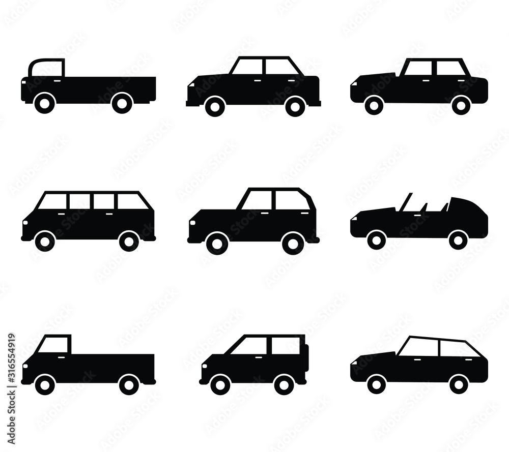 Set Icons Black Cars Vector Stock.