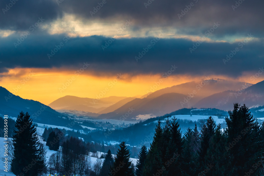 Winter mountain landscape at sunset. The Mala Fatra national park in Slovakia, Europe.