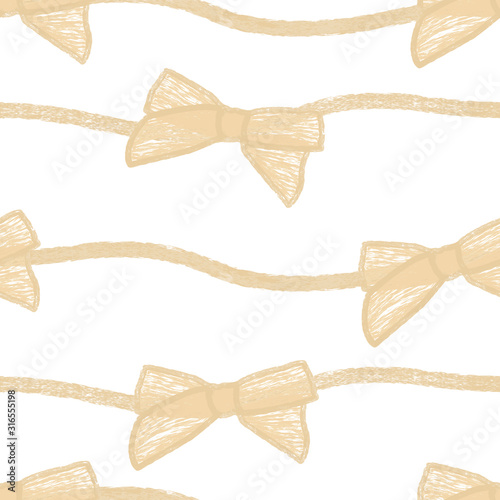 Hand drawn hemp rope with bow knot on white background. Linen bow pattern background. Great for wallpaper, gifts, card, textile, fabric, packaging design.