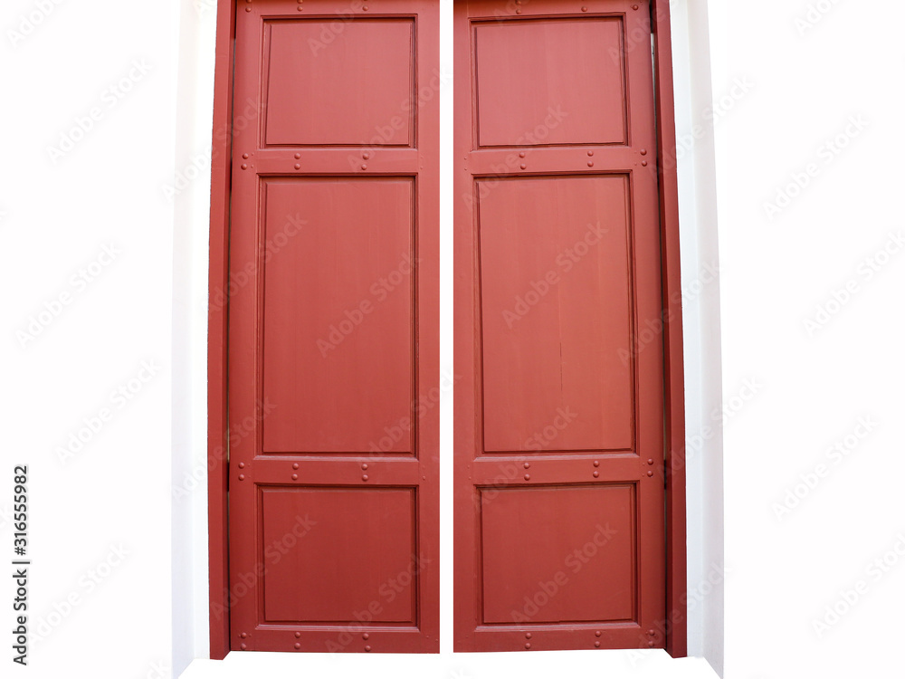 Crimson of Large wooden retro architecture double door isolated on white cement wall, modern entrance with wood texture style interior from Thailand. Crimson of Large wooden retro architecture double door isolated on white cement wall, modern entrance with wood texture style interior from Thailand.