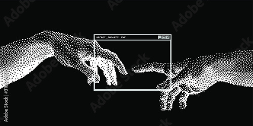 The Creation of AI, the hands going to touch together look like the Michelangelo's art work. Cyberpunk/ vaporwave style art collage.