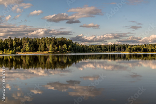 Fototapeta Naklejka Na Ścianę i Meble -  Mirror surface of a forest lake in clear summer weather