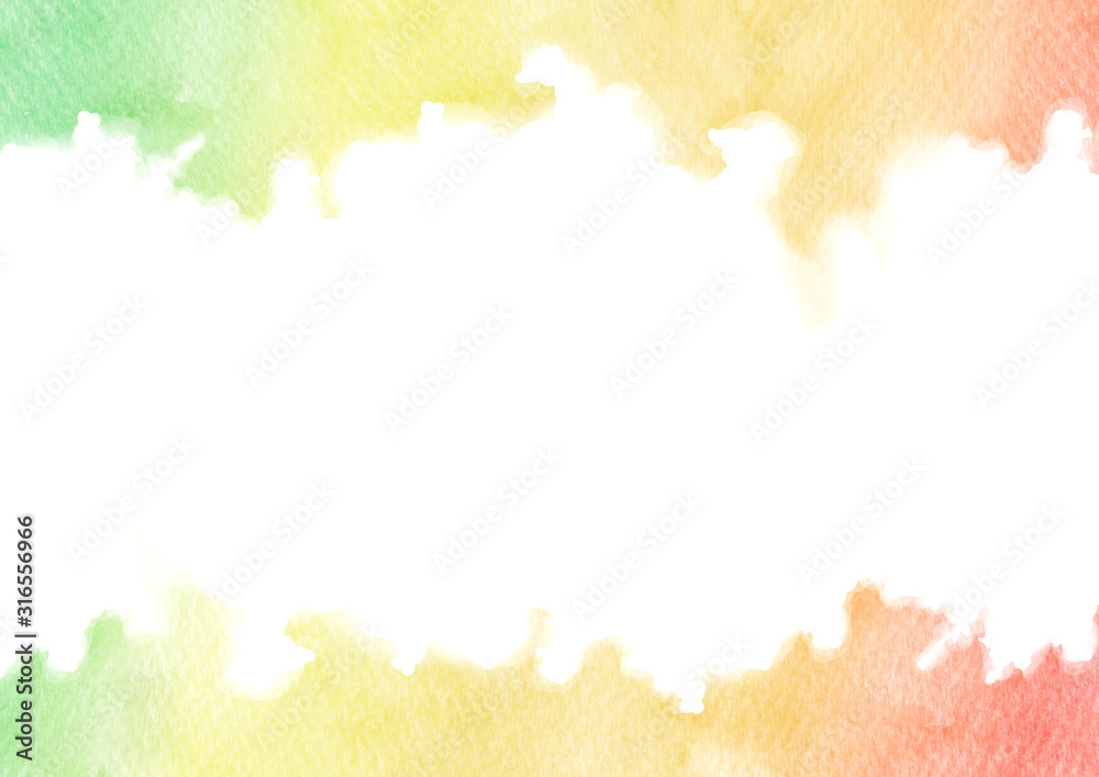 Hand painted rainbow watercolor texture frame isolated on white background. Rectangular border template for cards and wedding invitations of green, yellow, orange and red gradient colors.