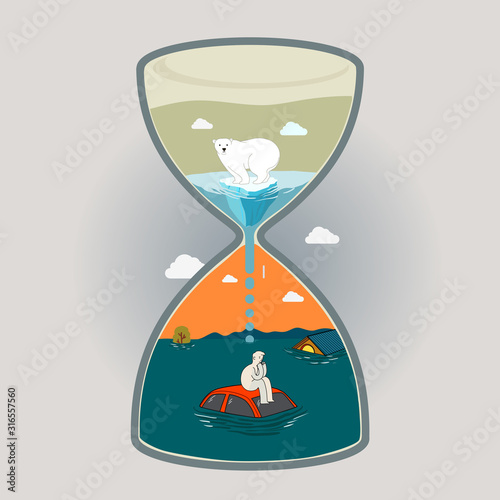 Concept illustration about climate change, global warming. Polar bear standing on small melting iceberg on the top half of hourglass and water drops to the bottom half of hourglass where a man sitting