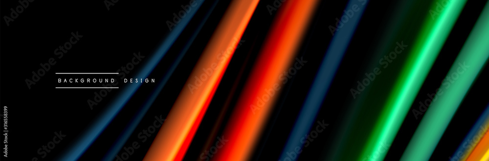 Silk and smooth flow wave poster design. Color waves, liquid style lines and shapes in black color background Silk and smooth flow wave poster design. Color waves, liquid style lines and shapes in black color background