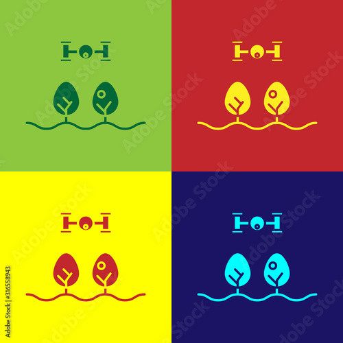 Color Smart farm with drone control and tree icon isolated on color background. Innovation technology for agricultural company. Vector Illustration