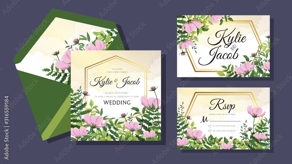 Set wedding Invitation card. Floral design with pink wild flowers and green watercolor fern leaves, foliage greenery decorative gold ribbon print. Vector elegant cute rustic greeting, invite, postcard