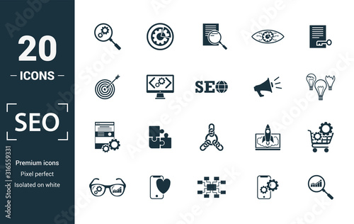 Seo icon set. Include creative elements search optimization, search result, right solution, code optimization, website optimization icons. Can be used for report, presentation, diagram, web design