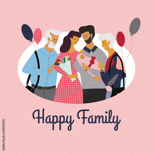  Cute family standing together, smiling and looking at newborn baby. Happy parenthood postcard, celebrating of new born child. Happy family text. Flat colorful vector illustration in cartoon style