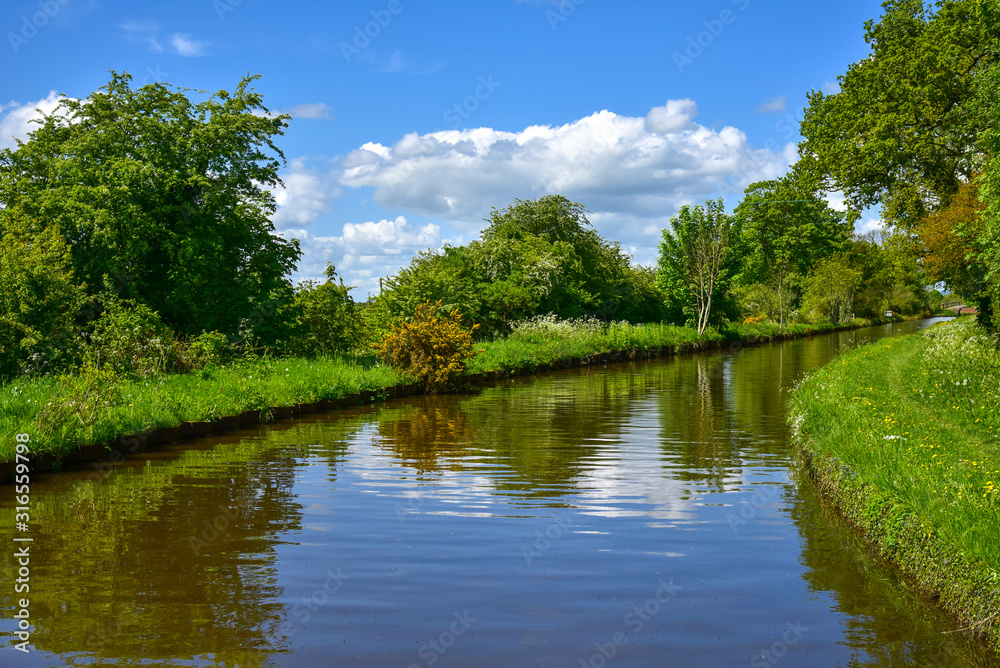 Scenic canal view of the Llangollen Canal near Bettisfield, Wales,UK