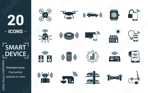 Smart Devices icon set. Include creative elements drone, smart car, smart house, solar battery roof, smart speaker icons. Can be used for report, presentation, diagram, web design