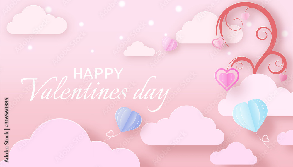 Valentine's day concept with pink paper hearts hanging on tree branch and flying on sky,valentine balloon flying on clouds, Paper cut style, Vector symbols of love, soft pink gradient background