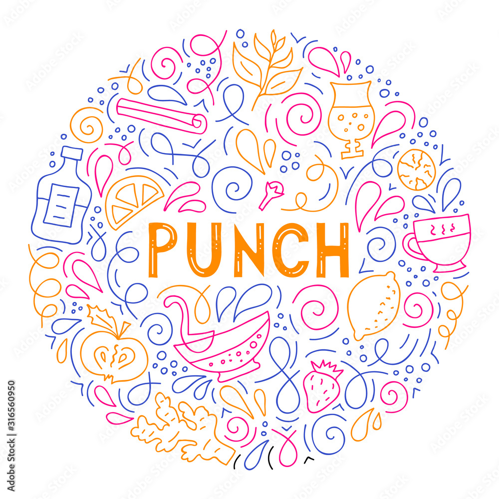 Round frame with the inscription punch and the ingredients for the drink. Vector colorful composition with lettering and doodle design elements. Printable template. Hand-drawn linear illustration.