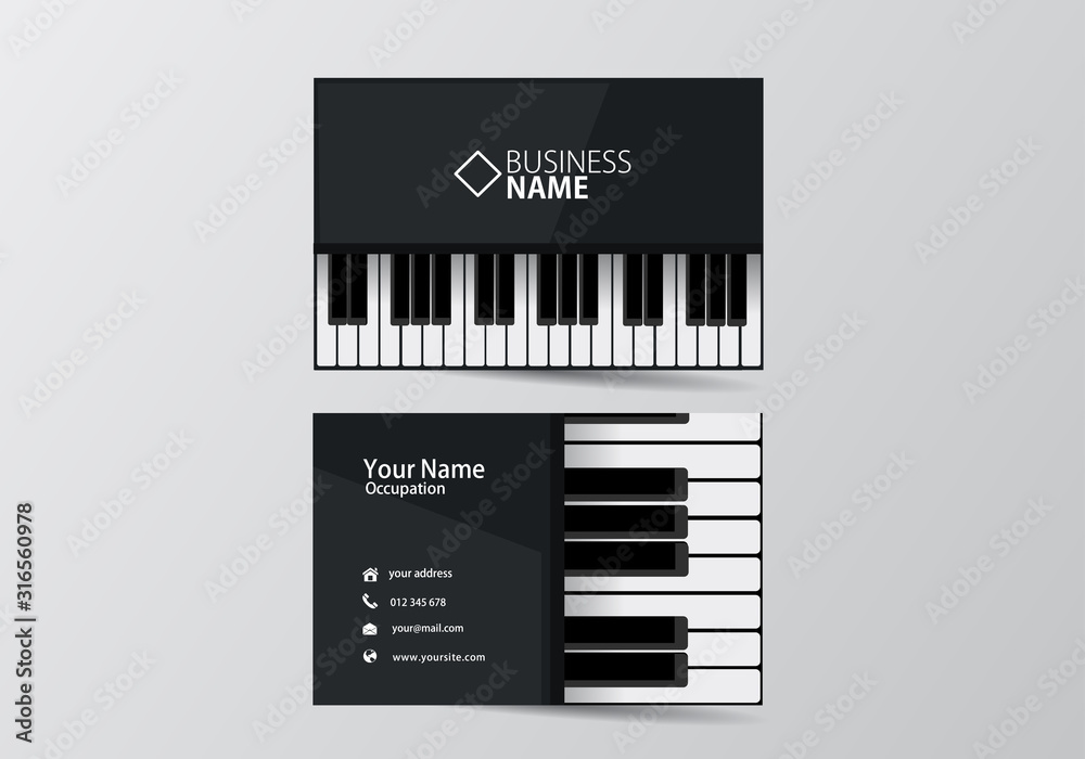 Piano business card. Musician visiting card template two sides Stock