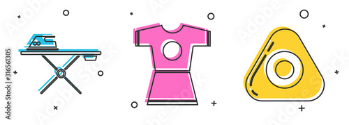 Set Electric iron and ironing board, Woman dress and Sewing chalk icon. Vector