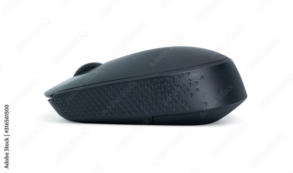 Isolated wireless computer black mouse on white background. Technology object and clipping path concept. Isolated wireless computer black mouse on white background. Technology object and clipping path concept.