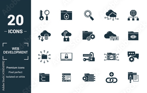 Web Development icon set. Include creative elements key search, seo, cloud storage, cloud management, network connection icons. Can be used for report, presentation, diagram, web design