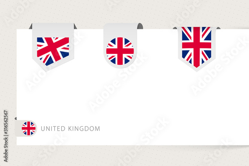 Label flag collection of United Kingdom in different shape. Ribbon flag template of UK