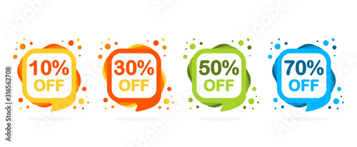 Sale discount icons. Special offer price signs of different colors. 10, 30, 50 and 70 percent off reduction symbols. Speech bubbles or chat symbols on white background. Vector illustration.