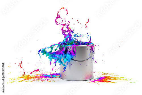 Canvas Print Rainbow colored paint splashing from silver shiny paint bucket on to white backg
