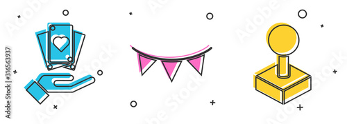 Set Hand holding playing cards, Carnival garland with flags and Joystick for arcade machine icon. Vector