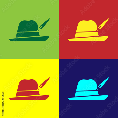 Color Oktoberfest hat icon isolated on color background. Hunter hat with feather. German hat. Vector Illustration