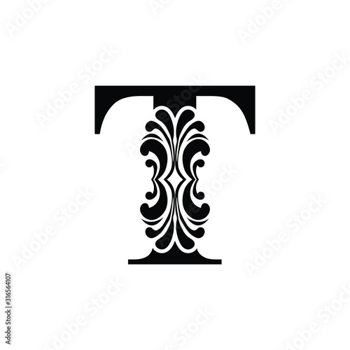letter T. Vintage black flower ornament initial letters.  Alphabet. Logo vector 