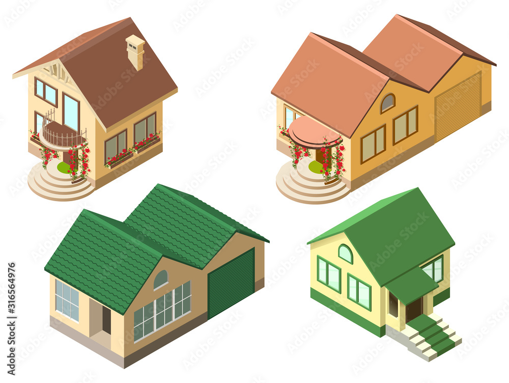 Isometric cottage country house set isolated on white illustration