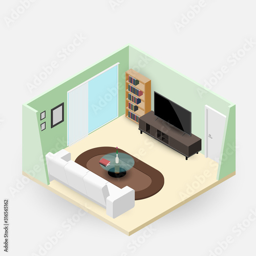 Concept room isometrics 3d composition with a sofa and a large wide screen TV, a living room with many furnitures, a window and door open vector modern design.